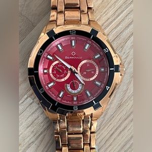 Bernoulli Men's Luxury Watch Red Dial Date Dials Rose Gold-Tone Bracelet